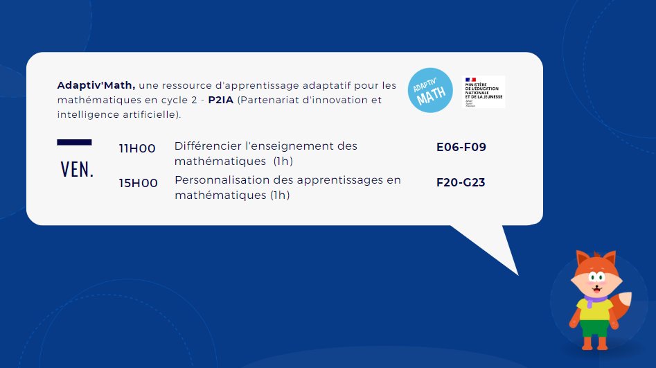 Vous n’avez pas encore pu rencontrer l’équipe Adaptiv’Math #P2IA ? 😱 Pas de panique nous sommes encore présent aujourd’hui à <a href="/educatechexpo/">Educatech Expo</a> Vous pouvez nous retrouver toute la journée sur le stand @lde ou sur les créneaux suivant : 
#EdTech #educatechexpo <a href="/idruide/">idruide</a> <a href="/Edu_Num/">Éducation Numérique</a>