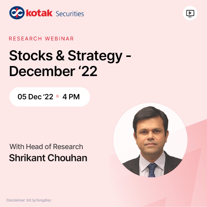 kotakneo's tweet photo. With the calendar turning to 2023 soon, arm yourself with the right stocks & #strategy!
Join our #webinar on Stocks & Strategy by @shrikantequity, as he dives into an analysis of the current #marketsituation & discuss the top #stockpicks on 5th Dec at 4pm.
#ResearchAnalyst