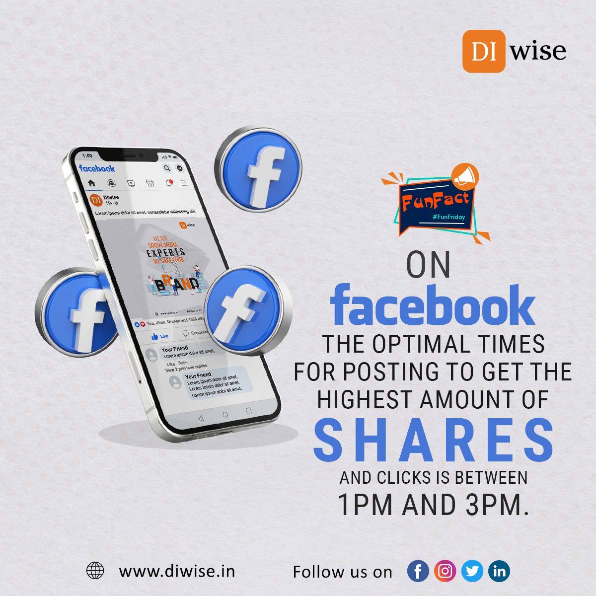 DIwiseLtd's tweet photo. On #Facebook, The optimal times for posting to get the highest amount of shares and clicks is between 1pm and 3pm.
.
#Diwise #facebookpage #facebookads #DidYouKnow #funfriday #funfacts #DigitalMarketing #SocialMedia #marketingstrategy #socialmediatips #freddyday #fridaymorning https://t.co/Dxr1eHESy0
