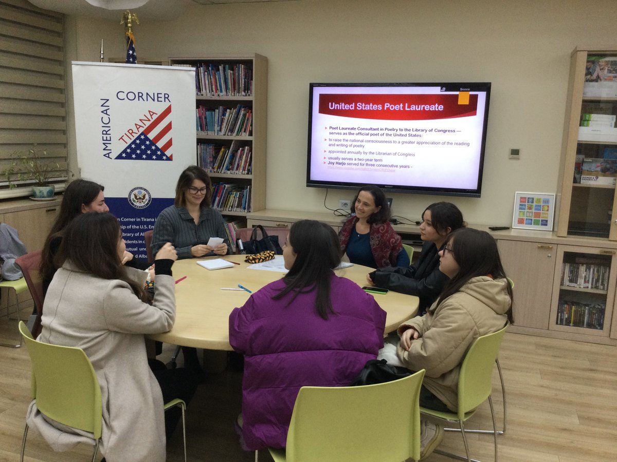 actirana's tweet image. Our evening&apos;s featured poet was Joy Harjo, whose poems &quot;Don&apos;t Bother the Earth Spirit&quot; and &quot;Eagle Poem&quot; guided the discussion toward significant world concerns like respect for the planet earth. How interesting would it be to have an Albanian chief poet chosen by the readers?