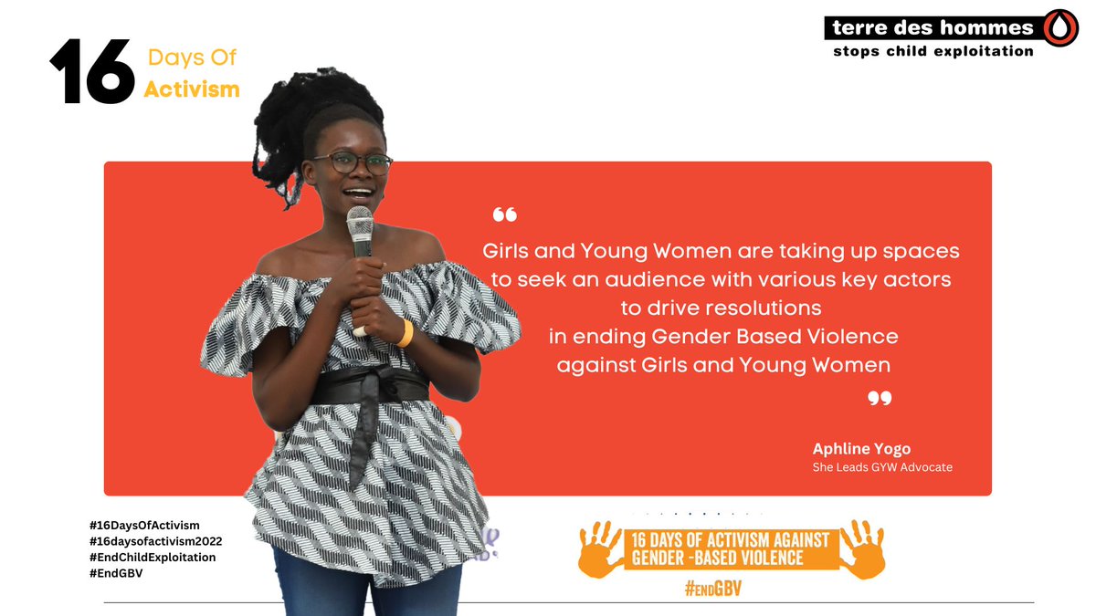 “Girls and Young Women are taking up spaces and opportunities to seek an audience with various key actors to drive resolutions in ending GBV." Aphline Yogo, - She Leads GYW advocate.

#16daysofactivism2022
#GYWSummit2022