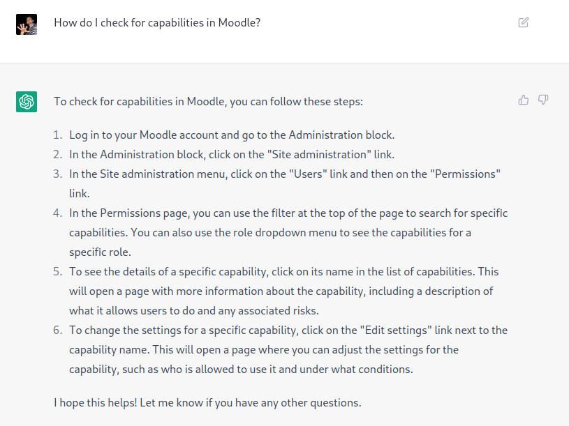 FMCorz's tweet photo. Asking ChatGPT about Moodle development. Impressive, but won't replace our jobs just yet. Maybe next year 😅. Thread... #moodledev https://t.co/uP9PXuY5Tz
