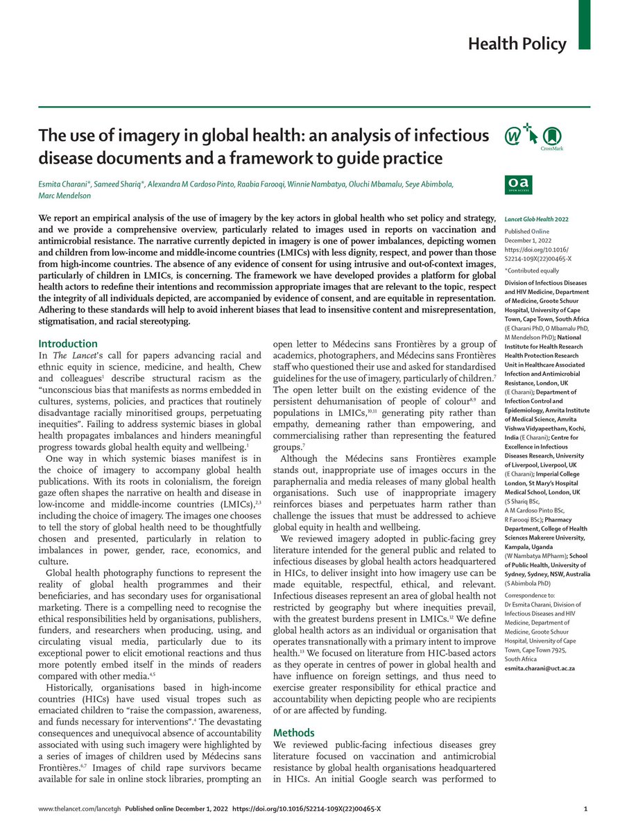 Ṣẹ̀yẹ Abímbọ́lá (@seyeabimbola) on Twitter photo Please read our new <a href="/LancetGH/">The Lancet Global Health</a> paper — led by <a href="/e_charani/">Esmita Charani</a> — titled:
The use of imagery in global health: an analysis of infectious disease documents thelancet.com/journals/langl…
We developed a framework to guide more equitable, representative, dignity-oriented, and ethical practice. Please read our new <a href="/LancetGH/">The Lancet Global Health</a> paper — led by <a href="/e_charani/">Esmita Charani</a> — titled:
The use of imagery in global health: an analysis of infectious disease documents thelancet.com/journals/langl…
We developed a framework to guide more equitable, representative, dignity-oriented, and ethical practice.