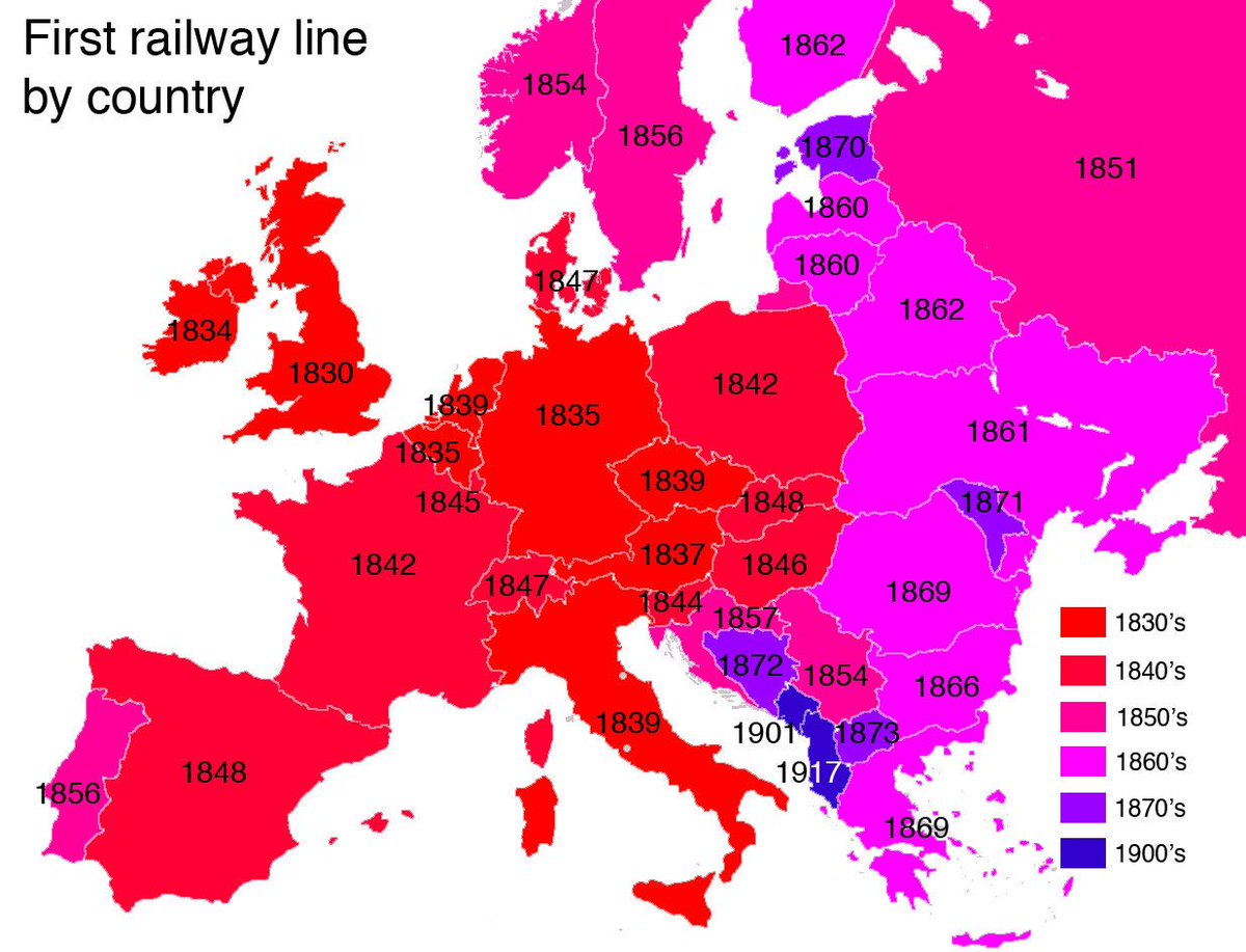 xruiztru's tweet photo. Year of the first railways in European countries. https://t.co/WpOWq8ujAH