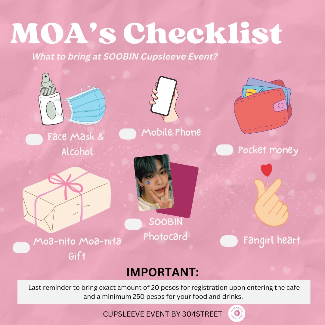 304street's tweet photo. 🗯️ #SeasonOfLoveInDecember수빈 

I KNOW IT’S REAL I CAN FEEL IT 🤩
D-1 ‘til our SOOBIN Cupsleeve Event!
Below is MOA’s Checklist of what to bring for tomorrow 📝 

304street is very excited to see you again, Cavite MOAs! 🫶🏻 https://t.co/tfo3v384ME
