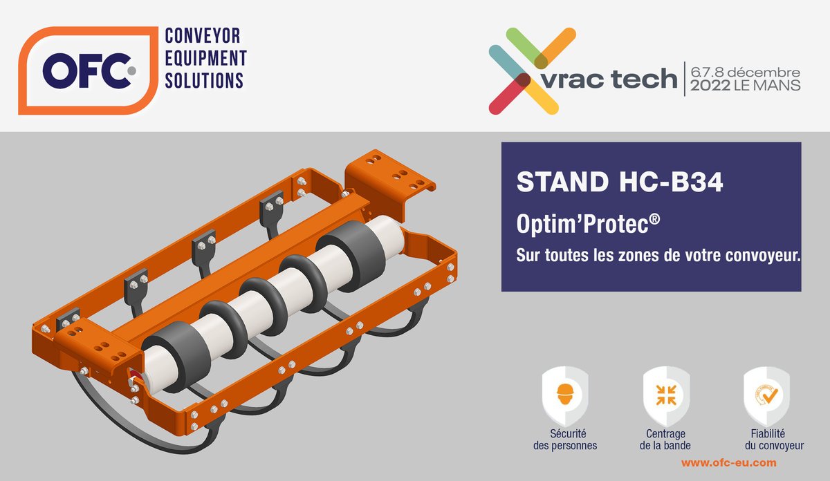 OptimConveyors's tweet photo. Du 6 au 8 décembre visitez notre stand HC-B34 au salon #Vractech 2022 au Mans : Nouvelle version de la protection rapprochée de l’angle rentrant pour rouleaux inférieurs placés à plus de 2 mètres de hauteur : l'Optim’Protec-RI-SR.
#convoyage #vrac #solution #optim #ofc #lemans https://t.co/jDbetRbS6W