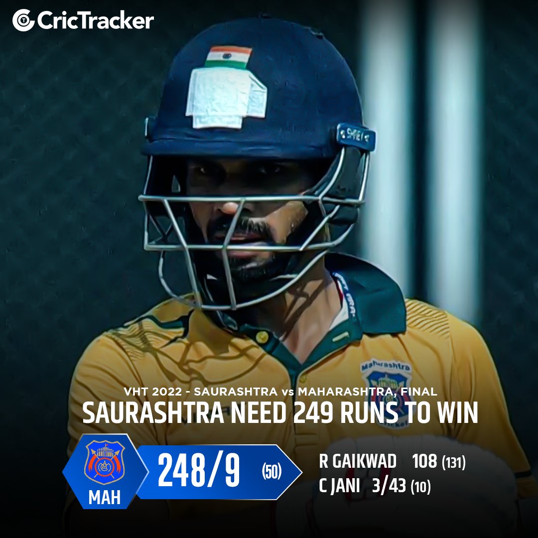 Cricketracker's tweet photo. Maharashtra have posted a target of 249 for Saurashtra with the help of another fantastic century by Ruturaj Gaikwad.
#Maharashtra #Saurashtra #VHT2022 #VHTFinal #RuturajGaikwad #CricTracker https://t.co/pnTWVuzgP5