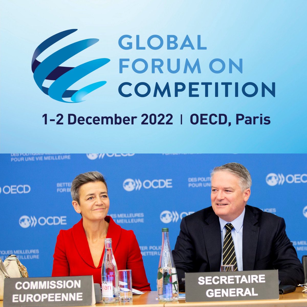 Good discussion with 🇪🇺 Commissioner <a href="/vestager/">Margrethe Vestager</a> about the importance of well-functioning, competitive markets.

To boost inclusive growth, lower prices, achieve our climate objectives &amp; optimise the digital transformation.

Thank you for supporting our Global Forum on Competition.