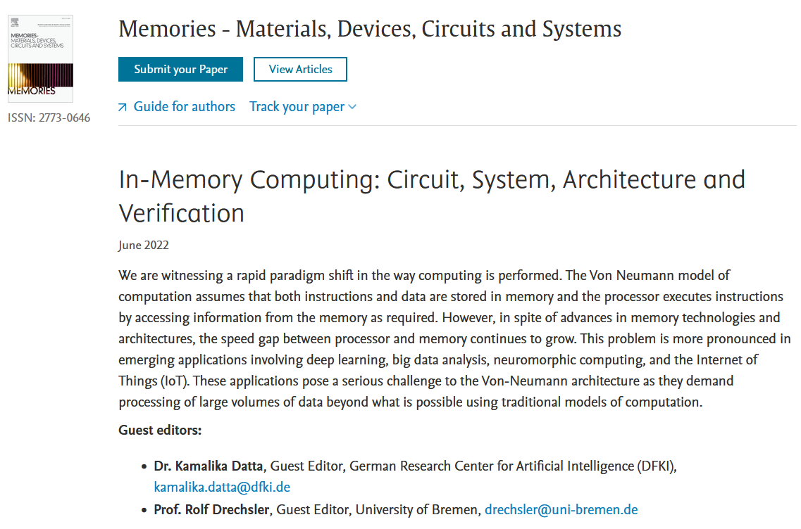 Rolf_Drechsler's tweet photo. Special Issue in "#Memories - Materials, Devices, Circuits and Systems" on "In-Memory Computing: #Circuit, #System, #Architecture and #Verification" - deadline for paper submission: 15th December 2022
https://t.co/oIuV3ViGWd #LiM #LogicInMemory #memristor @ElsevierNews https://t.co/QjPPh2wXxj