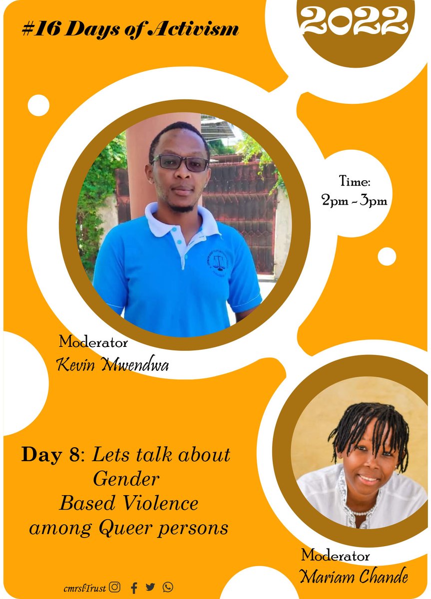 CMRSLTrust's tweet photo. Join our #moderators @kevinmute & @MariamChande001 today at 2PM 0n #Day8 of #16Daysofacivism for discussions around #GBV and how if affects the #LGBTIQCommunity in Kenya.
See you there!
#OrangetheWorld
@FundHumanRights @PemaPATeam @OpenSocietyEA @UHAIEASHRI https://t.co/ZAWwm0jXaJ