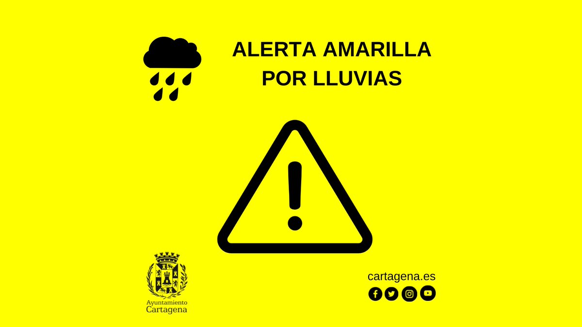 🌧️ La Agencia Estatal de Meteorología mantiene el aviso amarillo por lluvias en el Campo de Cartagena.

🕐 Estará activo hasta las 18:00 horas, con precipitaciones de hasta 15 litros por metro cuadrado en una hora

🚗 Si necesitan coger su vehículo, háganlo con precaución.