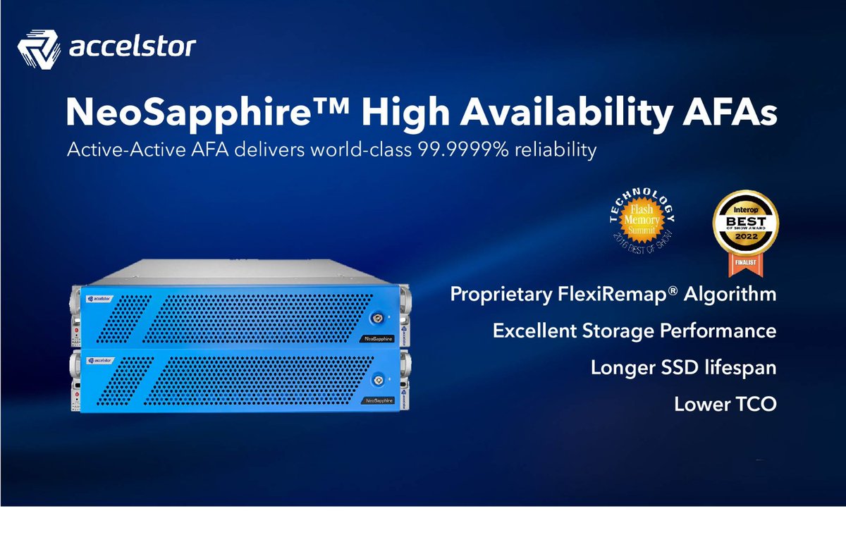 AccelStor's tweet photo. With AccelStor's proprietary algorithm FlexiRemap®, NeoSapphire™ High Availability AFAs unleash excellent storage performance and increase SSD lifespan by 40-60%, greatly decreasing the TCO of the storage system.
Learn more👉https://t.co/COChXZxjRZ
#AccelStor #NeoSapphire™ #AFA https://t.co/KeqEVdbeVU