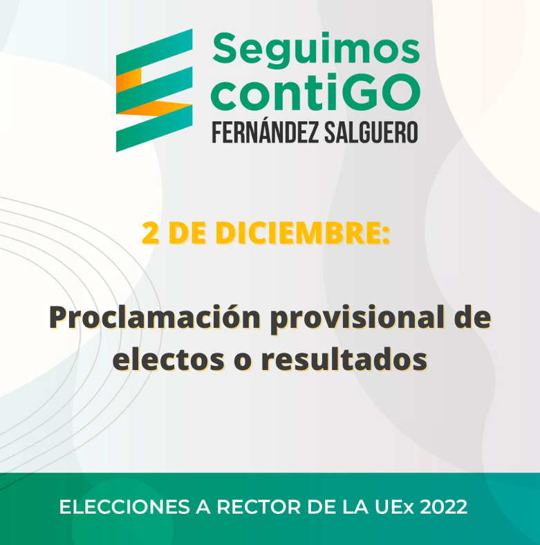Buenos días a todas y todos,

2 DE DICIEMBRE: 
Proclamación provisional de electos o resultados.

#PedroFS_SeguimosContiGO  #PedroFSRector