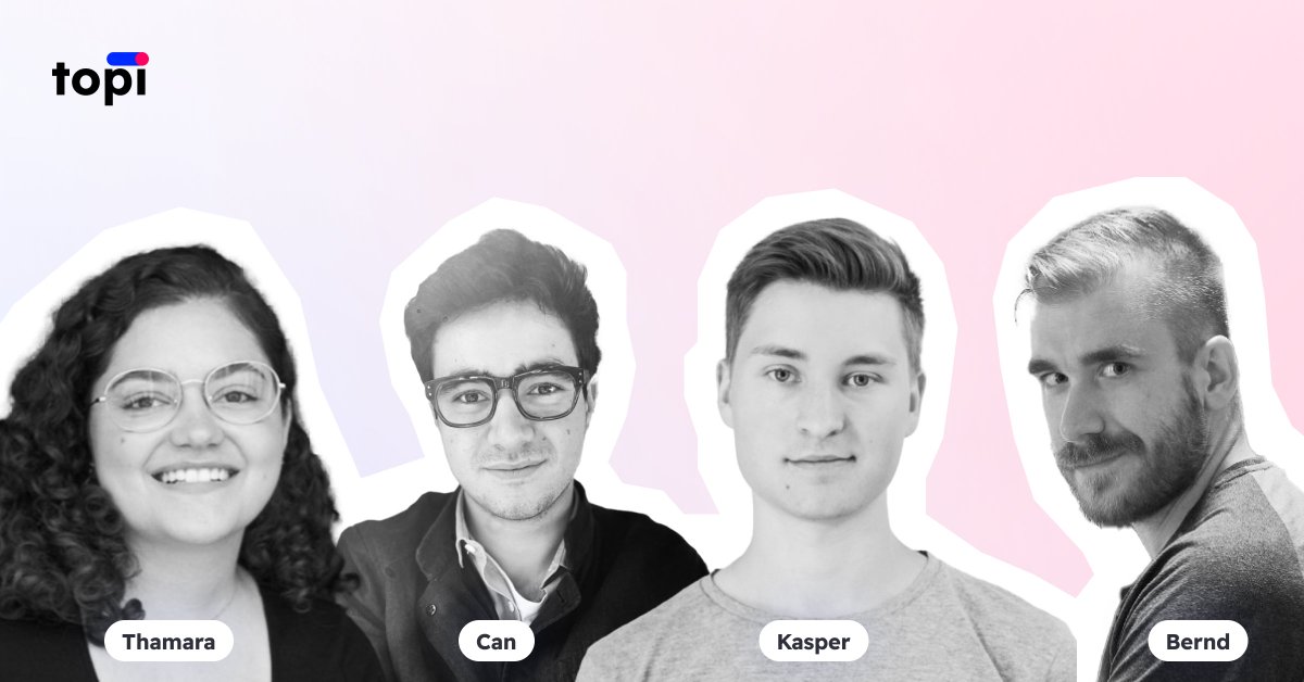 topi (@topi_eu) on Twitter photo We are super excited to welcome four new joiners, with three of them joining our amazing engineering team!
Welcome <a href="/gerig_thamara/">Thamara Gerig</a> (Tech - 🇪🇸), Can (Commercial - 🇩🇪), Kasper (Tech - 🇩🇰), and <a href="/strehldev/">Bernd Strehl</a> (Tech - 🇩🇪), 🚀 We are super excited to welcome four new joiners, with three of them joining our amazing engineering team!
Welcome <a href="/gerig_thamara/">Thamara Gerig</a> (Tech - 🇪🇸), Can (Commercial - 🇩🇪), Kasper (Tech - 🇩🇰), and <a href="/strehldev/">Bernd Strehl</a> (Tech - 🇩🇪), 🚀