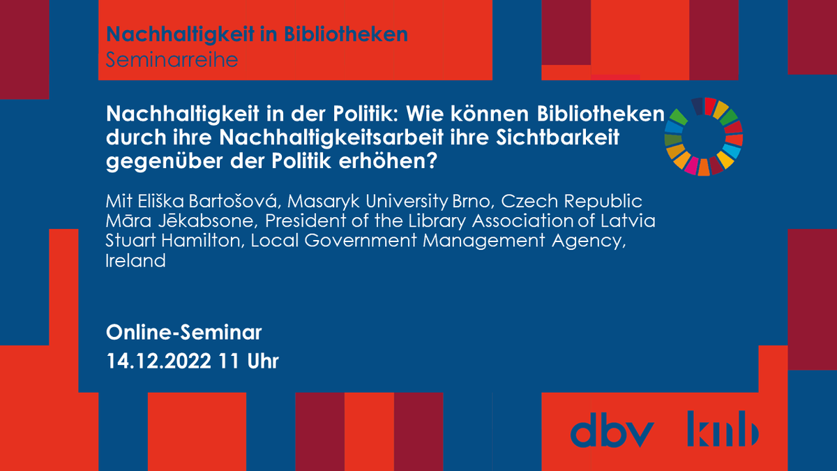Am 14.12. findet unser 6. Online-Seminar „Nachhaltigkeit und Bibliotheken“ statt! Diskutiert wird, wie #Bibliotheken ihre Aktivitäten zur #Nachhaltigkeit nutzen können, um ihre gesellschaftliche Bedeutung politisch sichtbarer zu machen. 
Anmeldung unter👉bit.ly/3B6f9s6