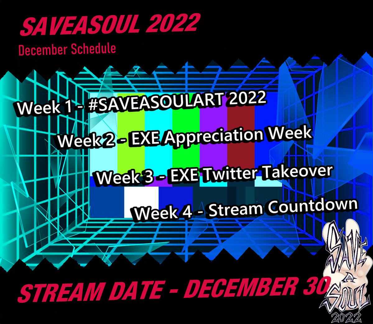 SaveASoulEvent's tweet photo. [SAVEASOUL 2022 SCHEDULE]

Take a look at what to look forward this month! The SaveASoul team has plenty of content in store, so stay tuned! Week 1 will begin Sunday, December 4th.

#SAVEASOUL https://t.co/NKQXARYKn8