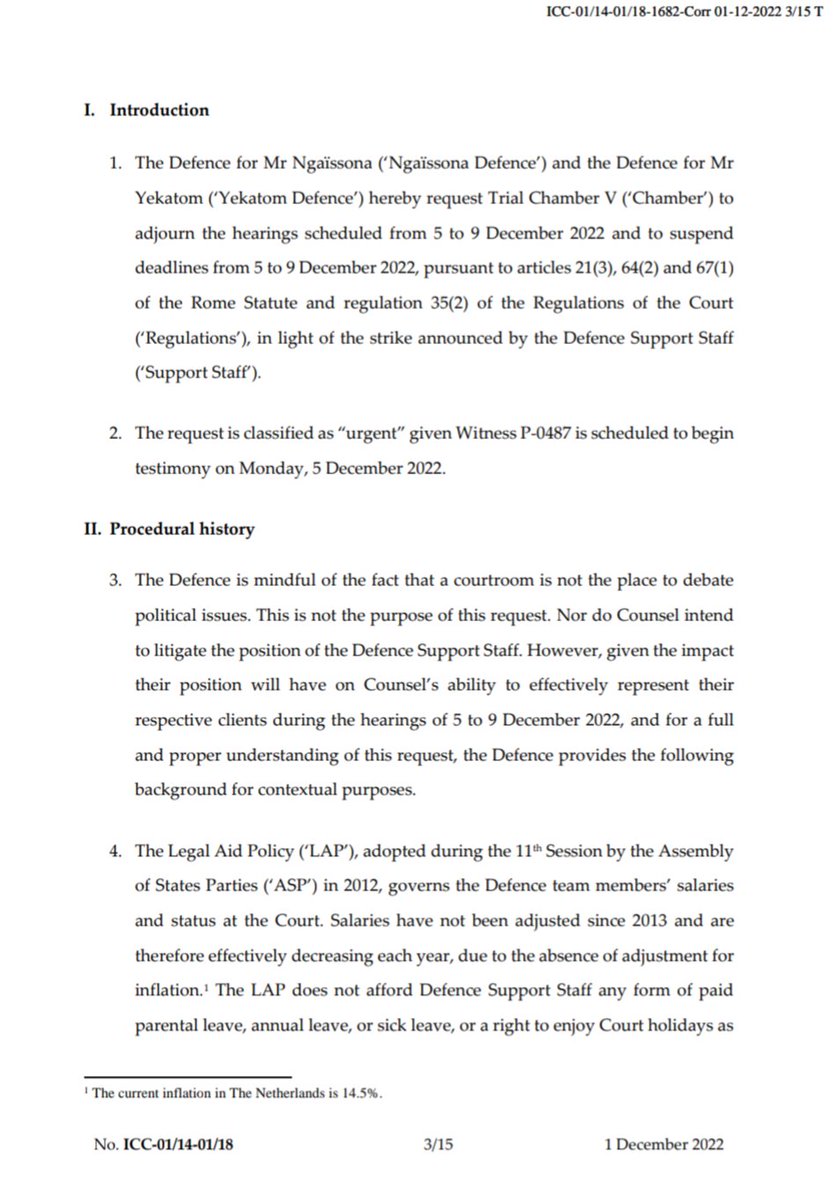 ⚠️The Defence for Mr Ngaïssona & for Mr 
Yekatom have requested Trial Chamber V to 
suspend 
deadlines & to adjourn hearings scheduled from 5 to 9 December 2022, in light of the strike announced by the Defence Support Staff
 

#ASP21 #ICC #fairtrials

🔗icc-cpi.int/sites/default/…