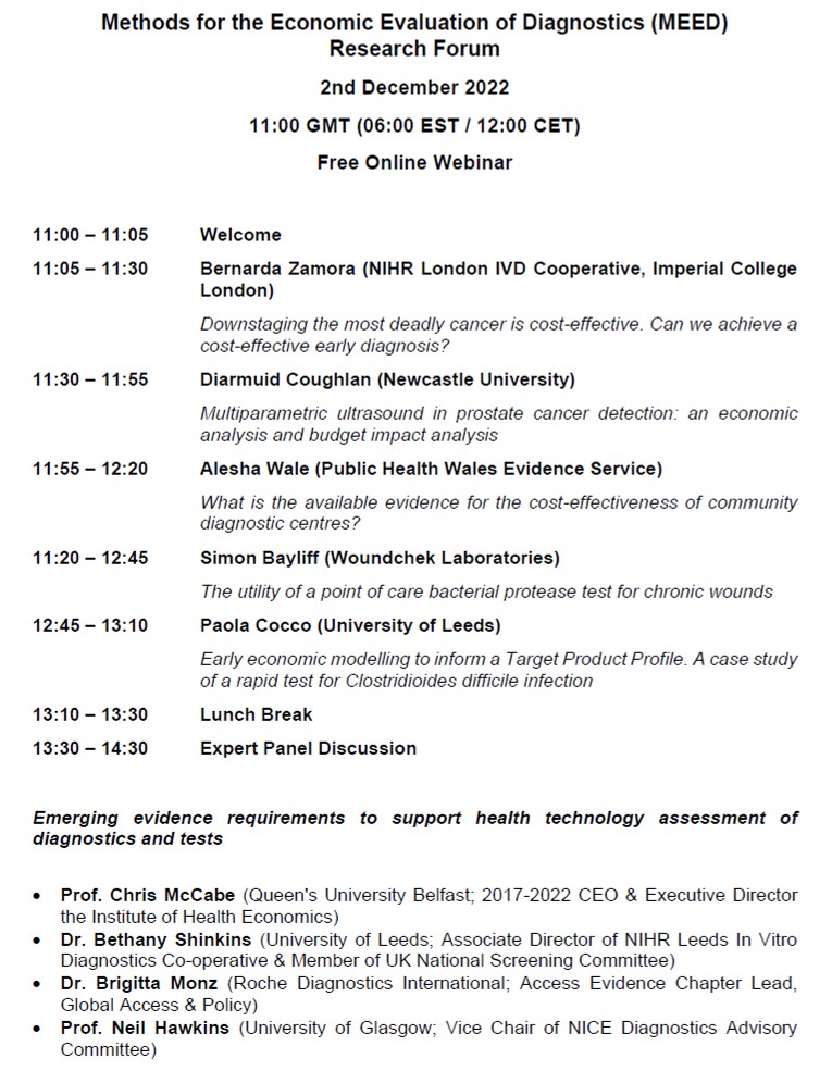 Sean Gavan (@sean_gavan) on Twitter photo Today we host the fourth Methods for the Economic Evaluation of Diagnostics (MEED) Research Forum. Here’s the schedule of excellent speakers. Full details on how to register and attend are on our website: meed-hta.org 
See you there! Today we host the fourth Methods for the Economic Evaluation of Diagnostics (MEED) Research Forum. Here’s the schedule of excellent speakers. Full details on how to register and attend are on our website: meed-hta.org 
See you there!
