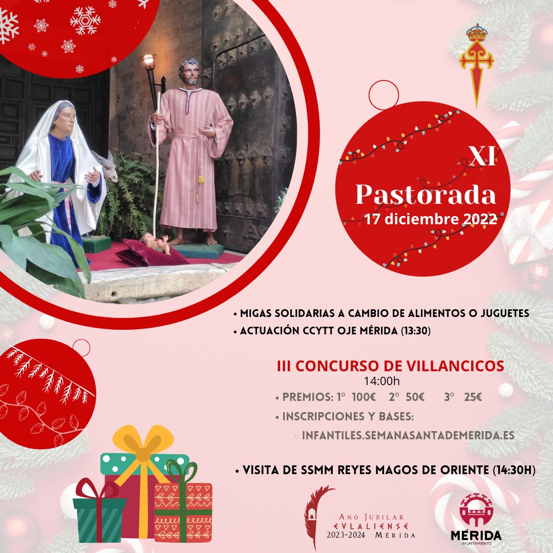 🔴 | XI PASTORADA

⏩ 1kg de alimento o juguete = 1 plato de migas.

🎉  Actuación de <a href="/OJEMerida/">OJE Mérida</a>, visita de SSMM Los Reyes Magos,... y 🎶🎵 además III Concurso de Villancicos!

🥇1° premio 100€,🥈el 2° 50€ y🥉el 3°, 25€.

👉🏻 Estas #Navidades, se solidario.