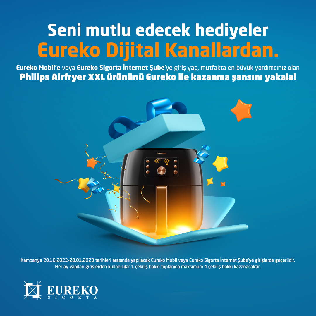 Eureko Dijital Kanallar ile Philips Airfryer XXL kazanma şansını kaçırma! Sen de hemen Eureko Mobil veya Eureko Sigorta İnternet Şube'ye giriş yap, çekilişe katılma fırsatını yakala 🎁