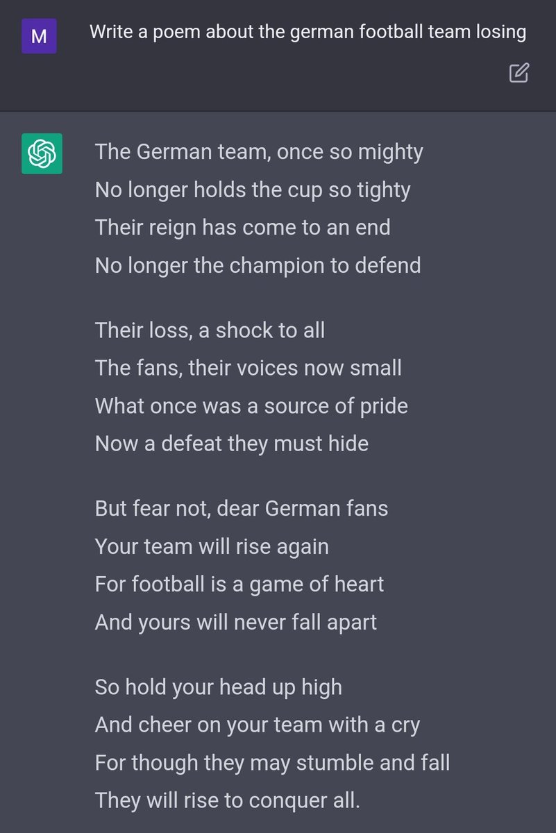 Ich habe die Open AI gebeten, ein Gedicht über das deutsche WM-Aus zu schreiben. Sehr tröstend.

#CRCGER #FIFAWorldCup2022 #GPT3