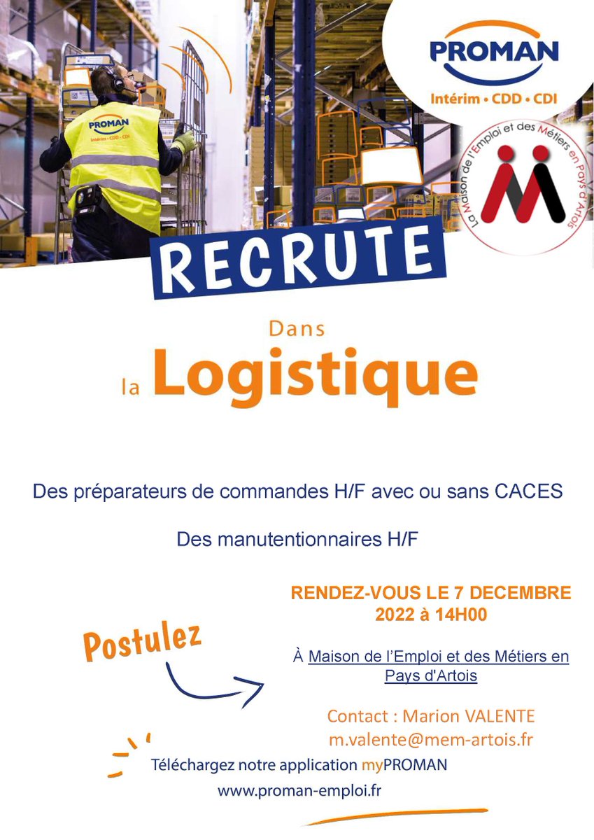 #semainedelalogistique 
Dans le cadre de la semaine de la Logistique, nous organisons une session de recrutements avec l'agence PROMAN le 𝗺𝗲𝗿𝗰𝗿𝗲𝗱𝗶 𝟬𝟳/𝟭𝟮 𝗮̀ 𝟭𝟰𝗵 𝗮̀ 𝗹𝗮 𝗠𝗮𝗶𝗼𝗻 𝗱𝗲 𝗹'𝗘𝗺𝗽𝗹𝗼𝗶 𝗲𝘁 𝗱𝗲𝘀 𝗠𝗲́𝘁𝗶𝗲𝗿𝘀 𝗱'𝗔𝗿𝗿𝗮𝘀
#logistique #Emploi