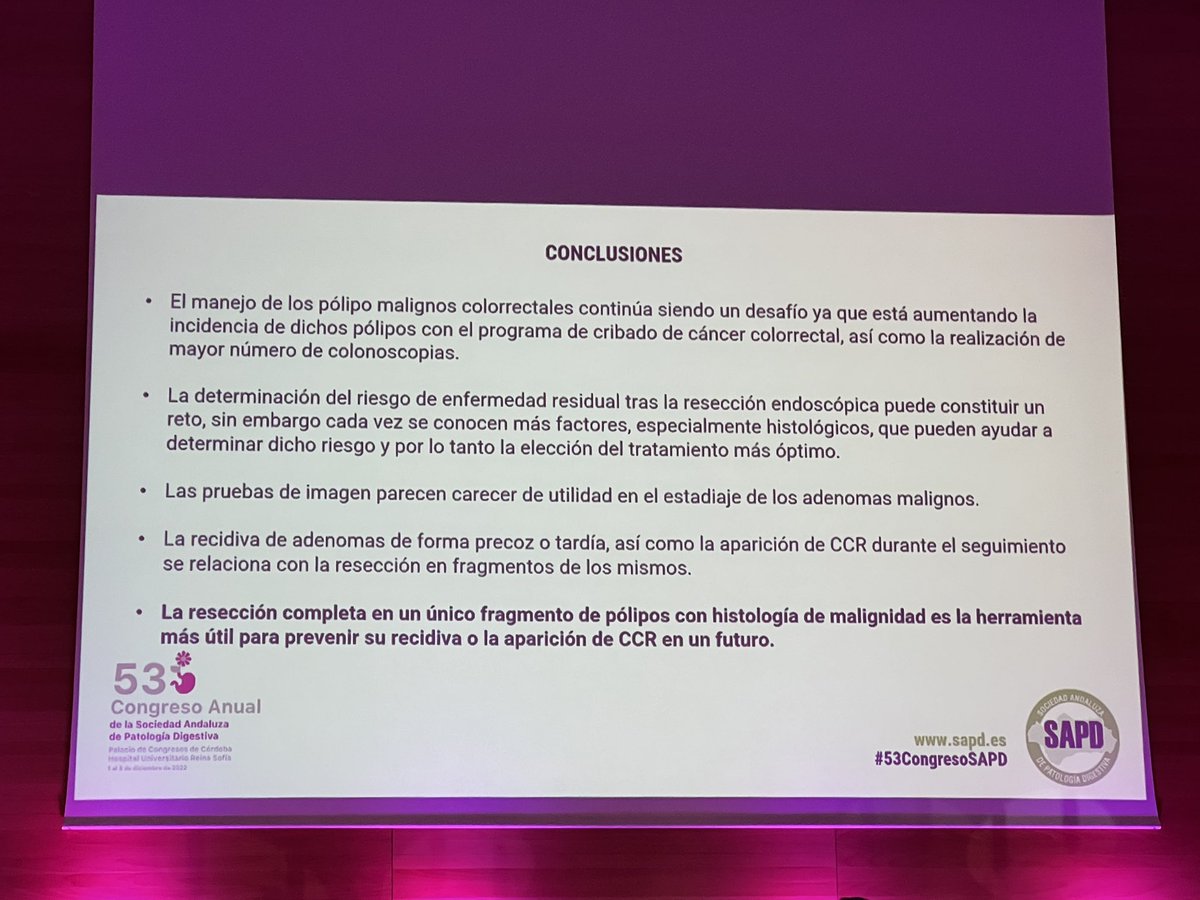 RosalesDigestiv's tweet photo. Tejero Jurado et al nos presentan un trabajo sobre factores predictivos de recidiva tras resección de ADC sobre pólipo, siendo la resección en bloque en una sola pieza el principal factor. #53CongresoSAPD
 @sapdes https://t.co/8Dx8DgB6M6