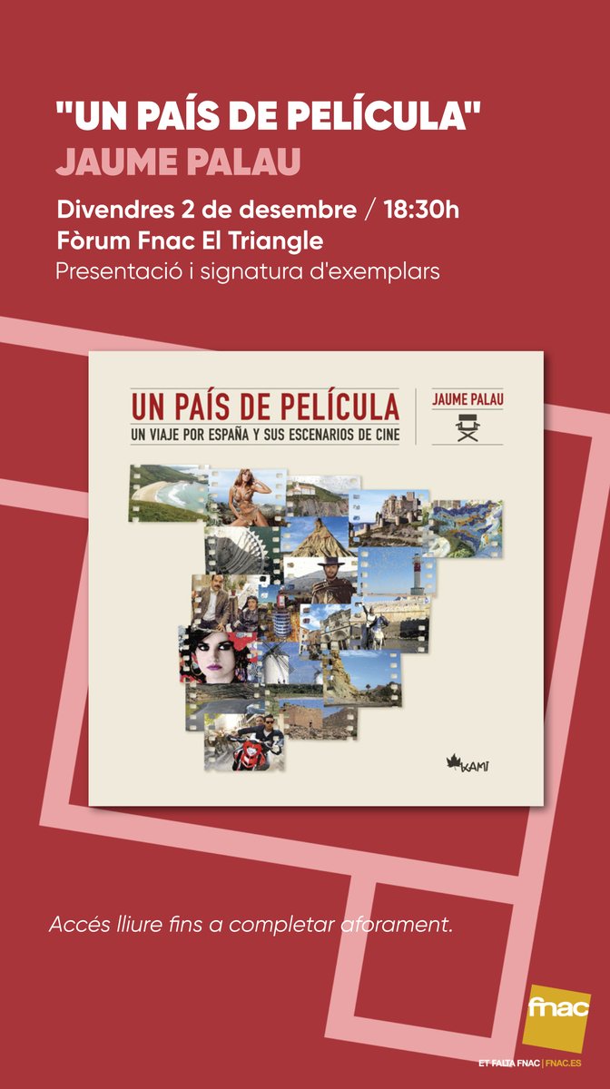 jaumepalau077's tweet photo. Esta tarde te esperamos en Fnac-Triangle, Pl. Catalunya (BCN) para la presentación de un nuevo libro sobre #turismodecine
Queremos estimularte para que sigas los pasos de tus personajes favoritos en paisajes de película.
#fnactriangle #CulturaFnac #Fnac #fnaclibros https://t.co/ApADqJgRDS