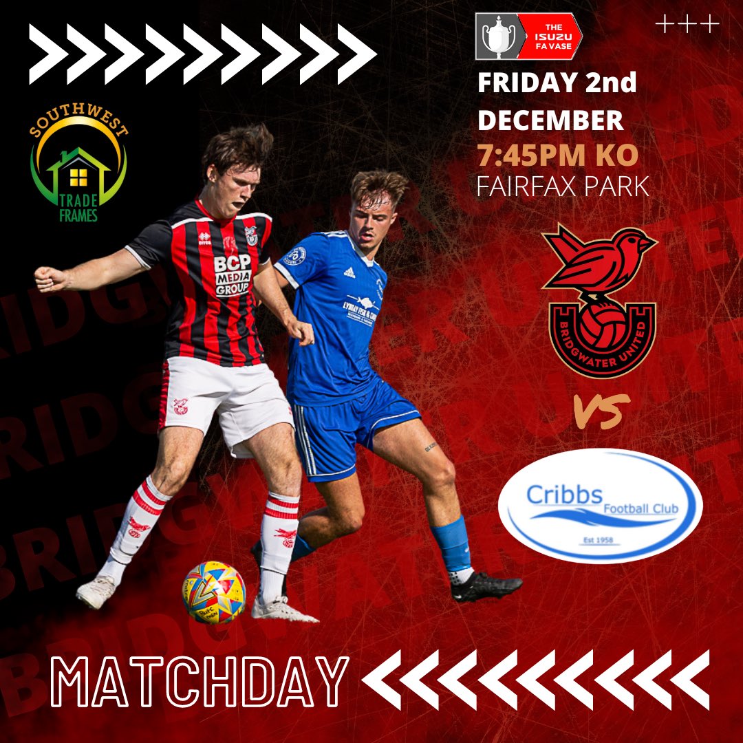 BridgwaterUtd's tweet image. ⚽️ | 𝐓𝐎𝐍𝐈𝐆𝐇𝐓! 

We host @CribbsFC tonight under the lights in the Isuzu FA Vase 3rd Round.
We can’t wait to see you all at Fairfax Park! 

Match Sponsors @frames_trade

#WeAreUnited #PackThePark