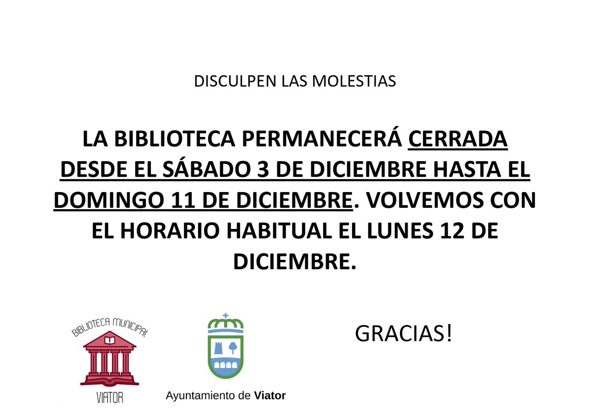 ❌❌  La biblioteca permanecerá cerrada desde el sábado 3 de diciembre hasta el domingo 11 de diciembre. Volvemos con el horario habitual el lunes 12 de diciembre.
Disculpen las molestias, gracias.

#culturaviator
#ayuntamientodeviator
<a href="/ManuelJAlcalde/">Manuel Jesús</a>
<a href="/culturaviator/">CulturaViator</a>
<a href="/viatoraldia/">Ayuntamiento de Viator</a>