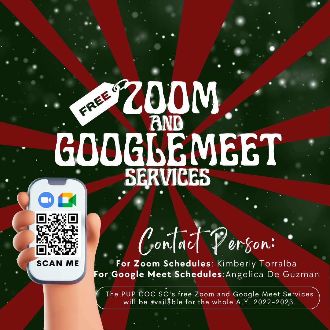 PUP_COCSC's tweet photo. NAMAMASCOMM PO!🔔🎄
The PUP COC SC is now offering Google meet and Zoom services free of use for COCians. To set your preferred date and time of use, please contact Kimberly Torallba for Zoom Services and Angelica de Guzman for Google meet services.
#MaagangPaMASSCOMM
#PUPCOCSC https://t.co/Mcaw4wgSue