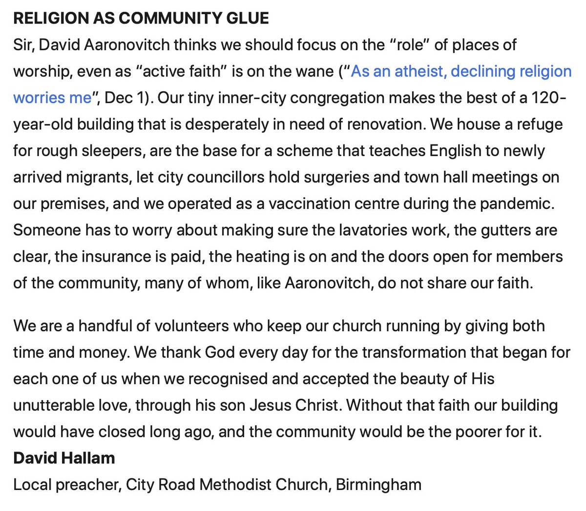 MethodistCity's tweet image. In a letter to The Times today, one of our preachers explains how and why we keep our church open for the community.