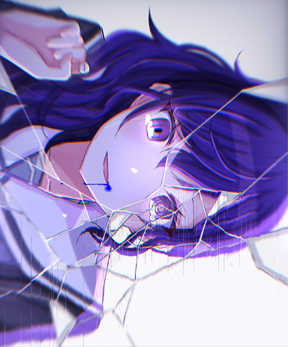 1girl solo broken glass blue hair glass long hair looking at viewer  illustration images