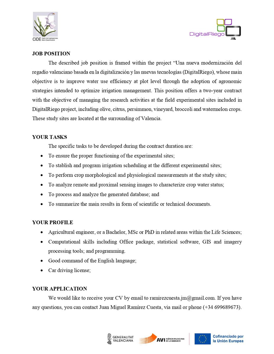 DigitalRiego's tweet image. Quieres unirte al grupo @AguaCide del @CidEinvestiga  en el ámbito del proyecto #DigitalRiego? Aquí tenemos una oferta para todos los interesados! Date prisa antes de que se te adelanten!

#AgriculturaPrecision
#Modelización
#Sensoristica
#NuevasTecnologias
#Riego
#remotesensing