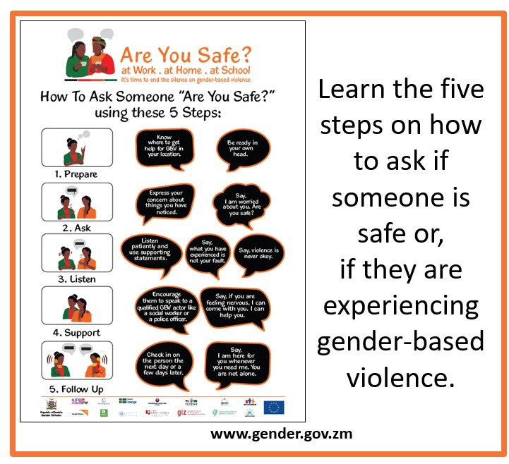 UNDPZambia's tweet photo. If you notice signs that your family member, friend, colleague, or neighbour may be experiencing GBV —reach out and ask #AreYouSafe? Just follow the 5️⃣ steps below

Let's #PushForward &amp; Act to End Violence against Women and Girls #16Days🟠

Learn more at: https://t.co/kmfzMomynV https://t.co/nKVcnuvale