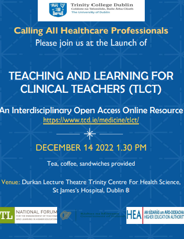 Join us at the launch of the new Teaching and Learning open access online resource for all healthcare professionals involved in teaching, formally or informally. See flyer below! <a href="/TrinityMed1/">School of Medicine, Trinity College Dublin</a> <a href="/WeHSCPs/">National HSCP Office, HSE</a>  @TCDRadTher <a href="/DentalSchoolTcd/">TCD Dental School, University of Dublin</a> <a href="/PtTcd/">Physiotherapy TCD</a> <a href="/tcd_ot/">TCD OT</a> <a href="/ClcsTcd/">TCD_CLCS</a> <a href="/ForumTL/">National Forum T&L</a> @TCD_AP