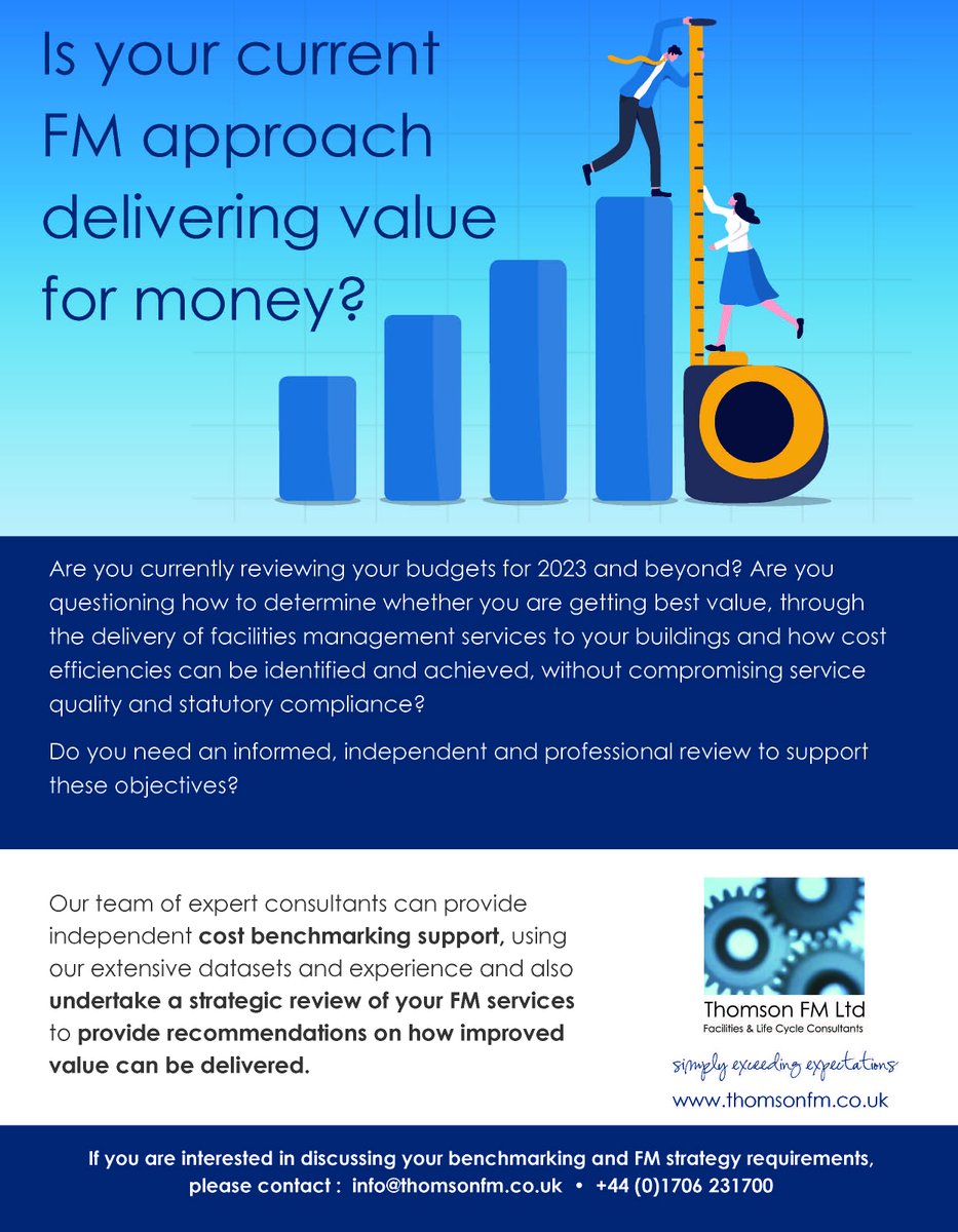Each day this week we have been showcasing the breadth of #facilitiesmanagement consultancy services the team at Thomson FM provide. Today we are highlighting cost benchmarking and value for money assessments.

If we can support you, please get in touch: info@thomsonfm.co.uk
