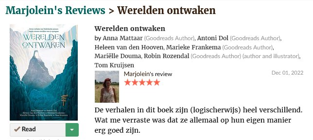 Onze eerste lezersrecensie, en meteen vijf sterren! 'De verhalen in dit boek zijn (logischerwijs) heel verschillend. Wat me verraste was dat ze allemaal op hun eigen manier erg goed zijn.' Lees de hele recensie hier: goodreads.com/review/show/50…