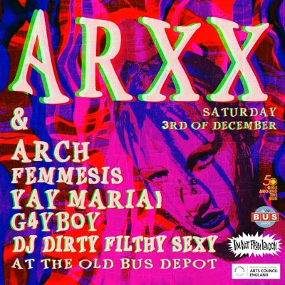 Imnotfromlondon's tweet photo. This Saturday at The Old Bus Depot!
@arxxband , #ArchFemmesis #YayMaria #G4yboy With @DirtyFilthySexy on the decks!
Tickets are Β£5 through @Gigantic or otd
#arxx #theoldbusdepotnotts #NottinghamRocks #lgbt #Synthpop #queerpunk #SaturdayVibes #DirtyFilthySexy https://t.co/MPnQdSJMgS