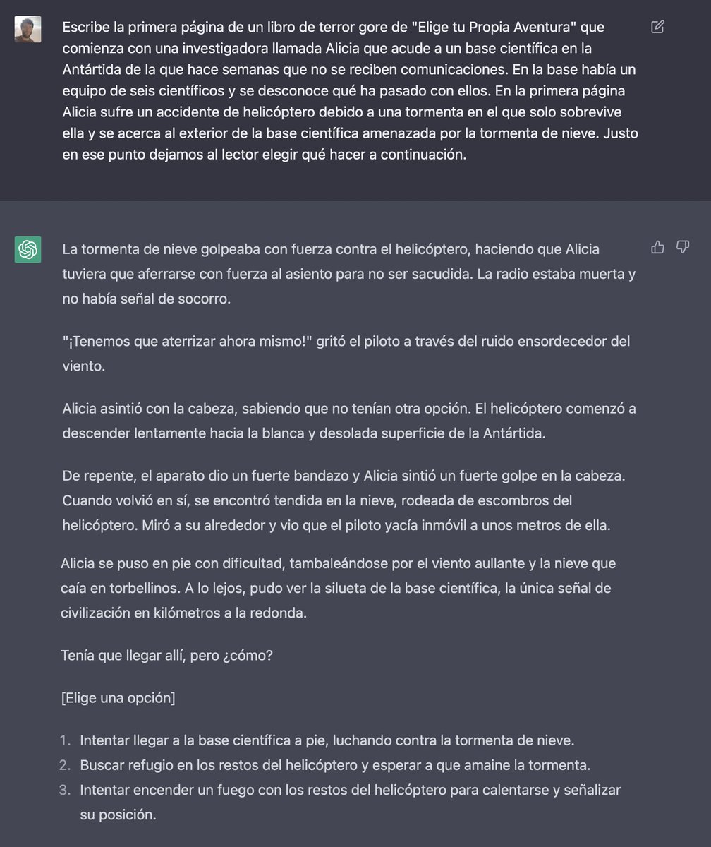 🔥🔥🔥 Experimento interactivo 🔥🔥🔥 

Estoy usando ChatGTP 🤖 de OpenAI como si un libro de "Elige tu propia aventura" se tratase junto con MidJourney 🎨 para dibujar las imágenes.

Las decisiones las tomas TÚ.

¿Me acompañas en esta aventura?

Vota en el siguiente tweet 🧵👇