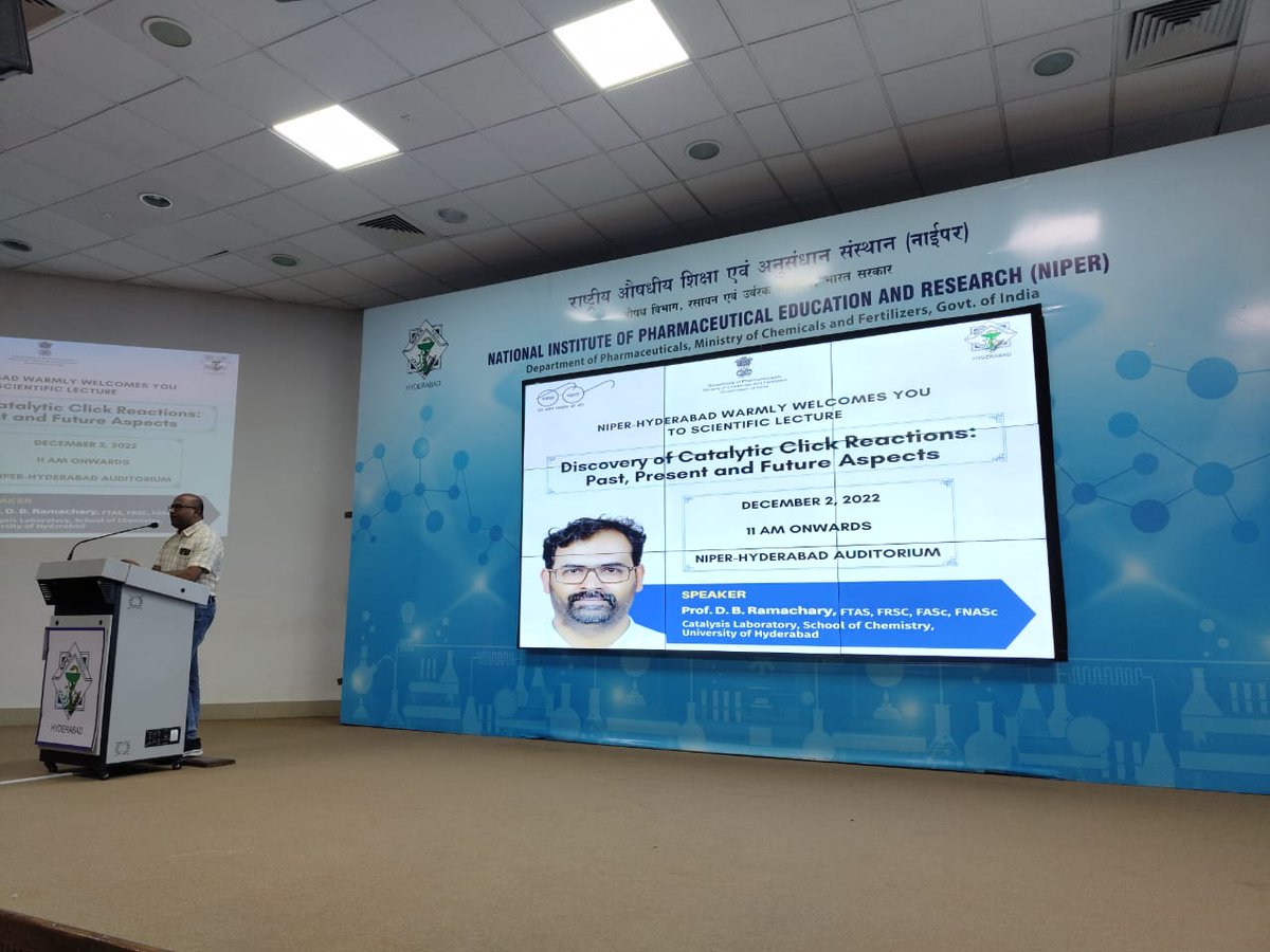 NIPERHyd's tweet photo. #NobelLectureSeries
Glimpses of Discovery of #ScientificLecture #Catalytic #ClickReactions: Past, Present and Future Aspects by Prof. D. B. Ramachary, @RamacharyDB, Catalysis Laboratory, School of #Chemistry, @HydUniv at @NIPERHyd today
@Pharmadept @mansukhmandviya https://t.co/LDKKTVwLaH