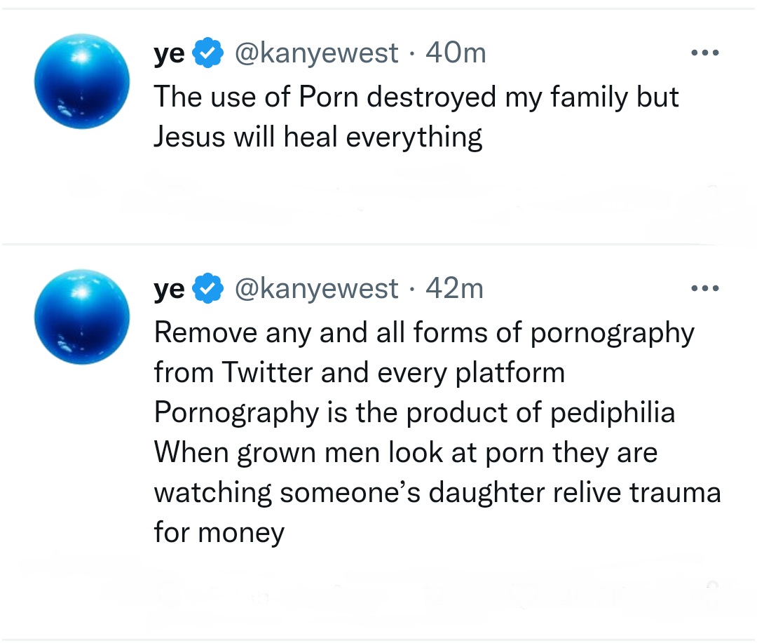 yabaleftonline's tweet image. “P0rnography destroyed my family but Jesus will heal everything” – Kanye West