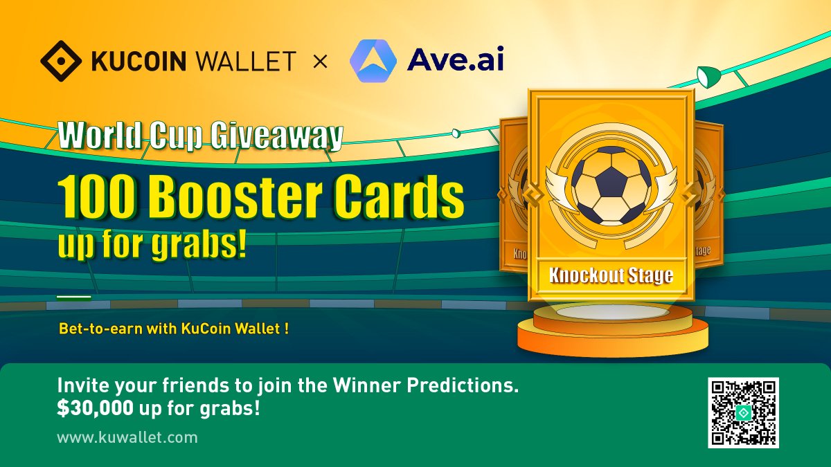 We’re happy to announce that AVE is holding an giveaway event with @KuWallet.In celebration this partnership, we’ll give away 100 * booster cards for FIFA 2022 predictions to lucky winners. Join Gleam Raffle here：gleam.io/JXWPw/aveai-x-…