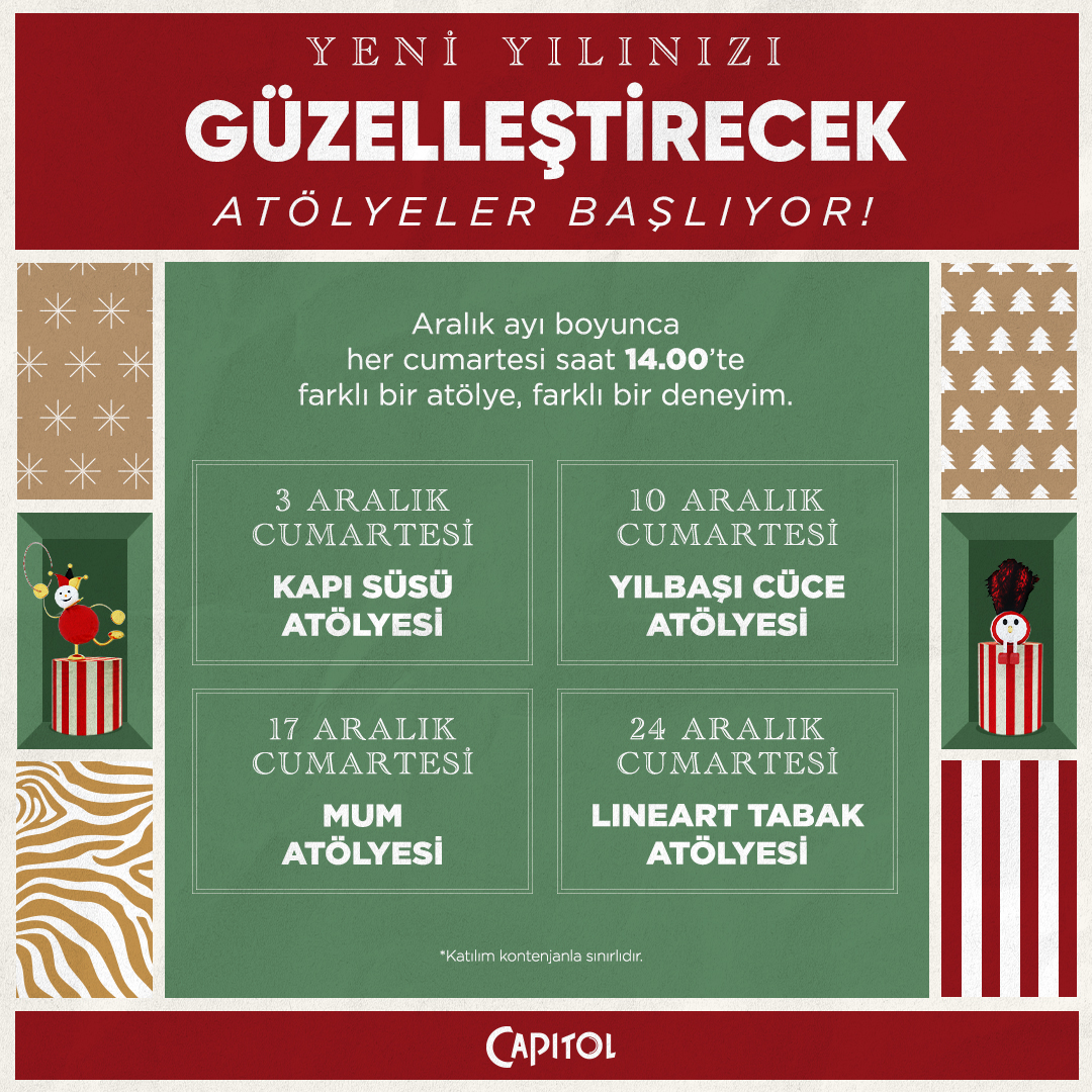 Yeni yılınızı güzelleştirecek atölyeler Capitol’de başlıyor! Aralık ayı boyunca her cumartesi atölyelerimizde görüşmek üzere. 🤩

*0216 554 77 77 numarası üzerinden kayıt yaptırmayı unutmayın. 

#YeniYılCoşkusuCapitolde