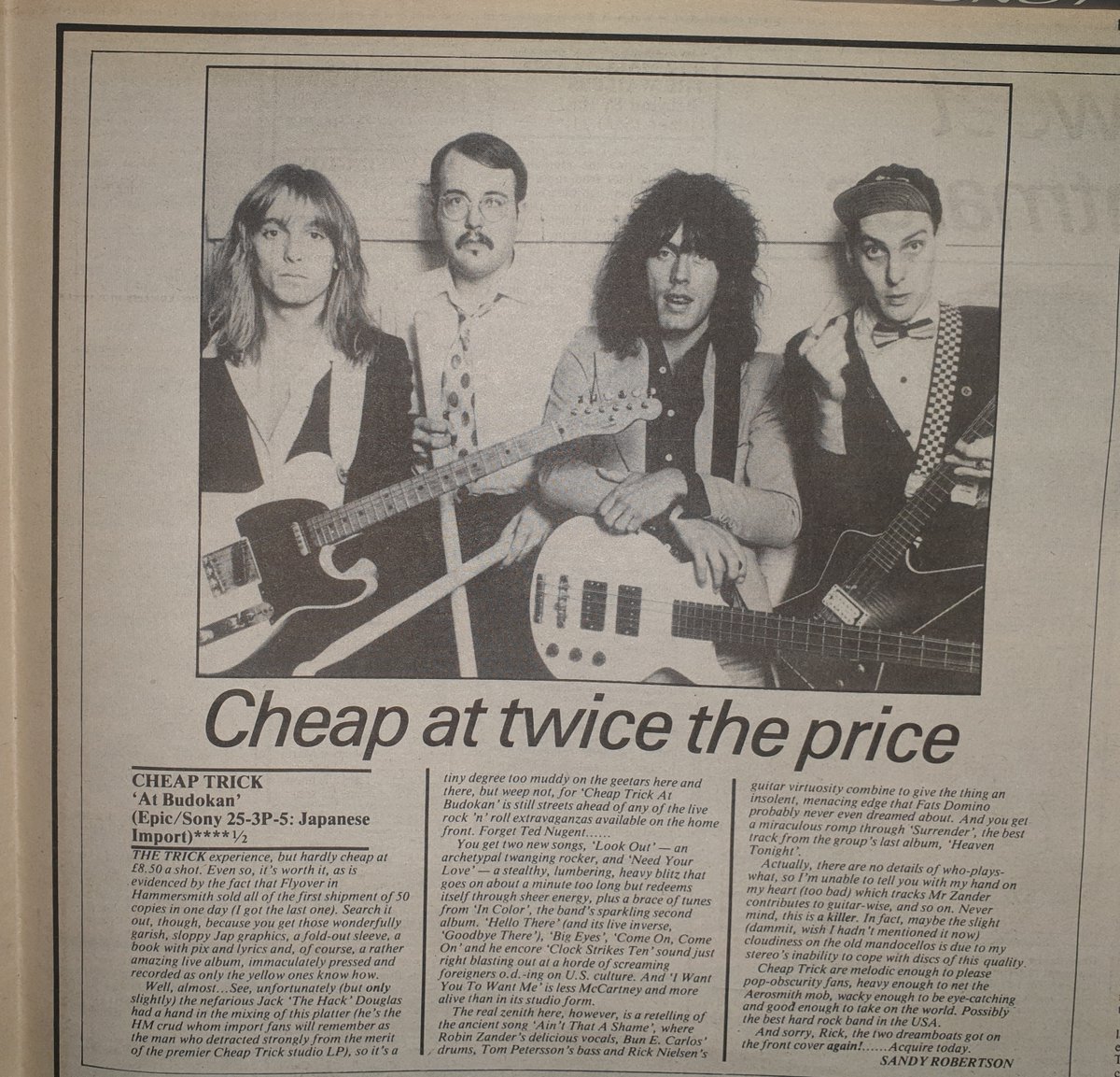 SoundsClips's tweet image. Cheap Trick&apos;s album &apos;At Budokan&apos; reviewed by Sandy Robertson in Sounds 2nd, December 1978. @cheaptrick @CheapTrickRick @DazPross