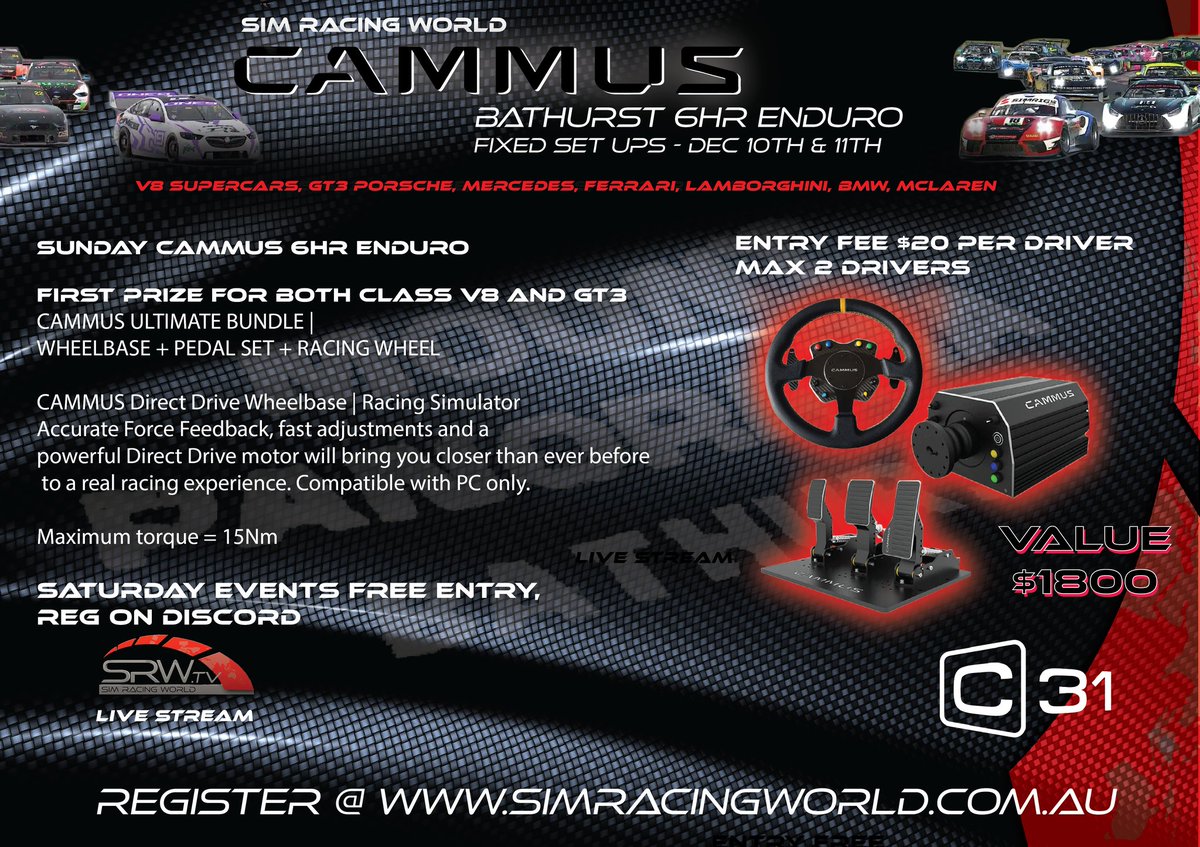 Thanks to @cammus_official we are giving you the opportunity to win this Cammus Ultimate Bundle Set!

simracingworld.com.au and register now!

#iracing #Cammus #giveaway #simracingworld #registernow #bathurst #6hour
