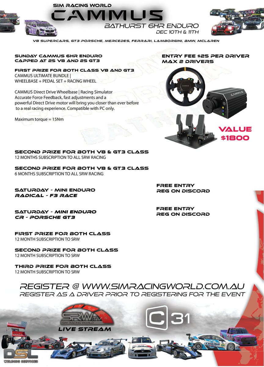 Thanks to @cammus_official we are giving you the opportunity to win this Cammus Ultimate Bundle Set!

simracingworld.com.au and register now!

#iracing #Cammus #giveaway #simracingworld #registernow #bathurst #6hour