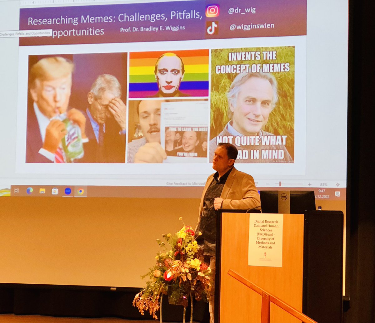 tuijasaresma's tweet photo. Powerful plenary by prof Bradley E. Wiggins on studying #memes — should we analyze #extremeright online activity although it may amplify their message? I think we must, regardless. Shutting eyes is more dangerous. #DRDHum2022 https://t.co/1dWDnAuQkf