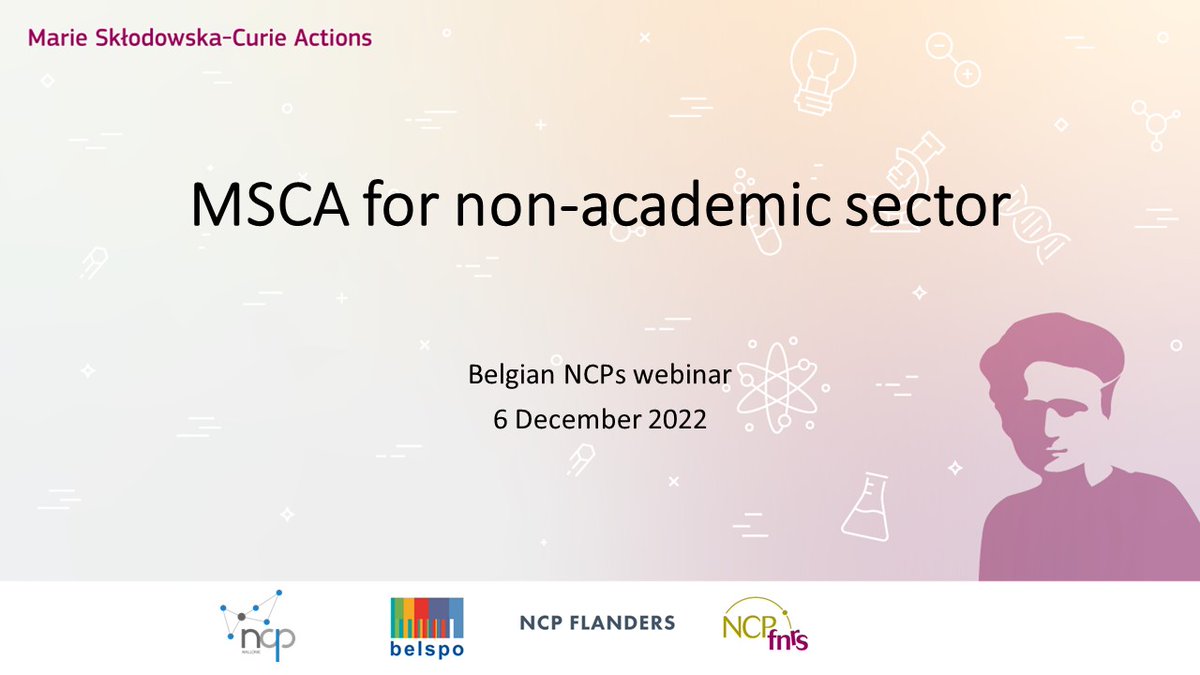 NCP Wallonie (@ncpwallonie) on Twitter photo 📅 SAVE THE DATE | Webinaire <a href="/MSCActions/">Marie Skłodowska-Curie Actions</a>
Les NCP belges et MSCA NCP-FNRS ont le plaisir de vous inviter au webinaire d'information #mscactions pour le secteur non universitaire.
📅 6 décembre 11:20 - 13:30
Infos et inscriptions: horizon-europe-info-sessions.be/event/msca-for… 📅 SAVE THE DATE | Webinaire <a href="/MSCActions/">Marie Skłodowska-Curie Actions</a>
Les NCP belges et MSCA NCP-FNRS ont le plaisir de vous inviter au webinaire d'information #mscactions pour le secteur non universitaire.
📅 6 décembre 11:20 - 13:30
Infos et inscriptions: horizon-europe-info-sessions.be/event/msca-for…
