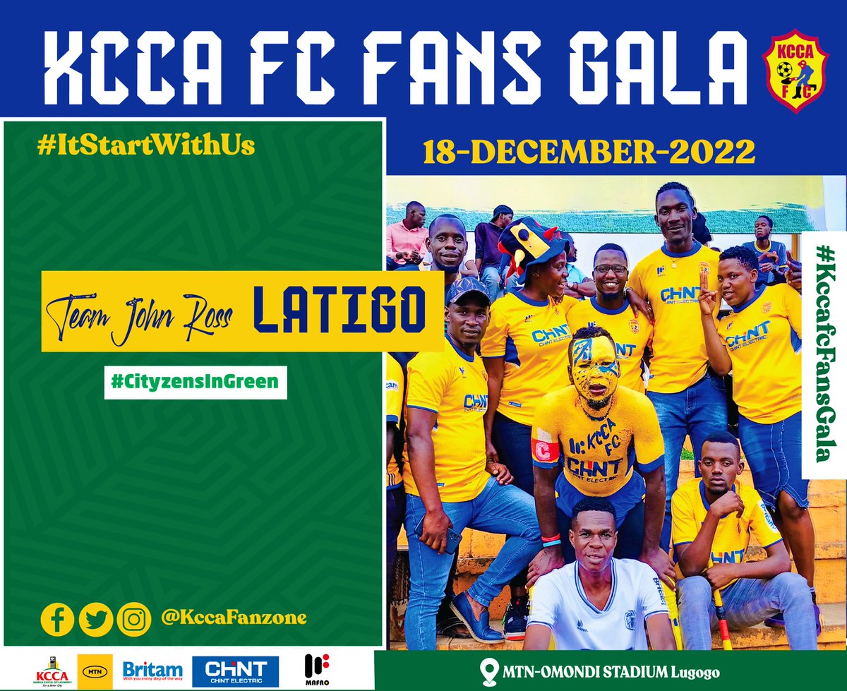 TeamLatigo's tweet photo. It's Match Day and Also a Reminder that 18th - December-2022 we are at the @MTNOmondiStdm- Lugogo for the @FanzoneKcca Gala. 

And Team Latigo is your only Choice. 
#GreenArmy #ItStartsWithUs #KCCAFCFansGala @KCCAFC 

@ChintUganda💙@mtnug 💛 https://t.co/fviGYrHXKl